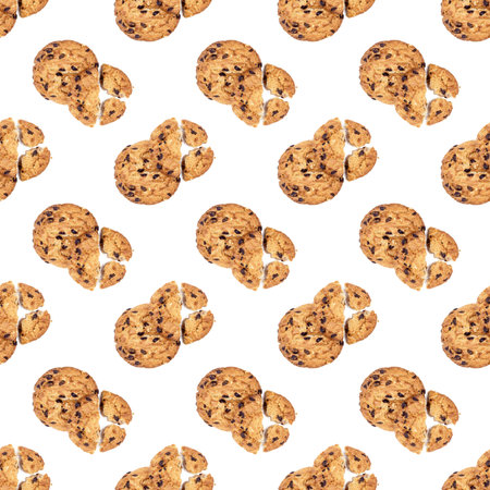 Top view of American chocolate chip cookie pieces repeat seamless pattern on light background.