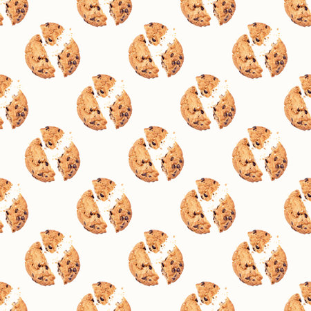 Top view of American chocolate chip cookie pieces with crumbs repeat seamless pattern on light background.の写真素材