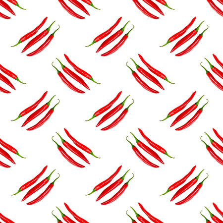 Red chili pepper repeat seamless pattern on white background.の写真素材