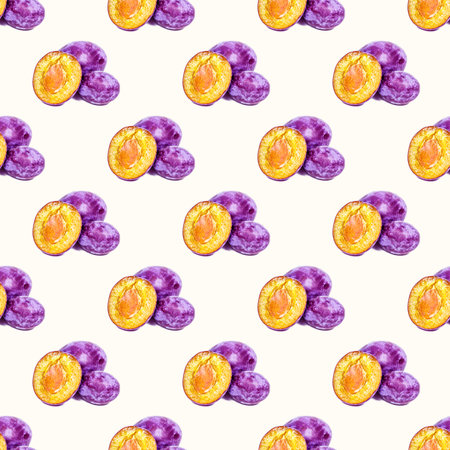 Fresh purple sliced plum heap seamless pattern on light background.