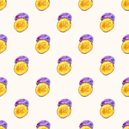 Fresh purple sliced plum heap seamless pattern on light background.