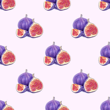 Blue and purple round fig fruit seamless pattern on light background.の写真素材