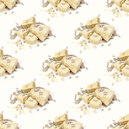 Turkish delight halva pieces with sunflower seeds repeat seamless pattern on light background.
