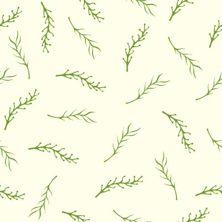 Vector green floral rustic seamless pattern with plant leaves and branches on light backgroundのイラスト素材