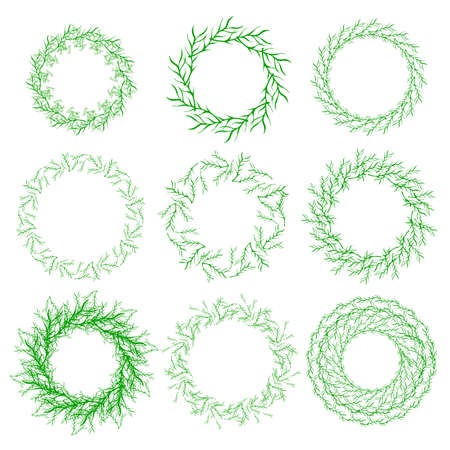 Set of hand drawn vector green floral rustic circle wreaths with plant leaves and branches on white backgroundのイラスト素材