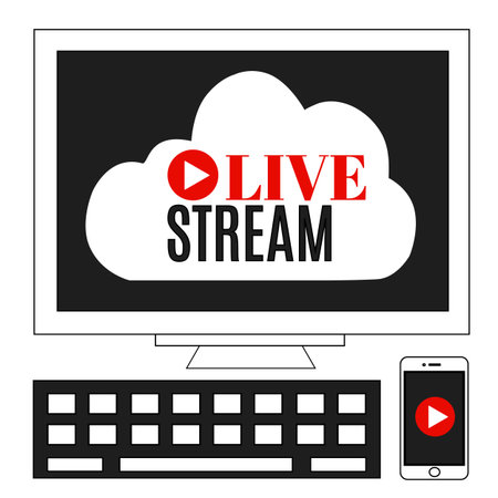 Vector live streaming cloud icon of tv or online broadcast on computer screen with keyboard and...