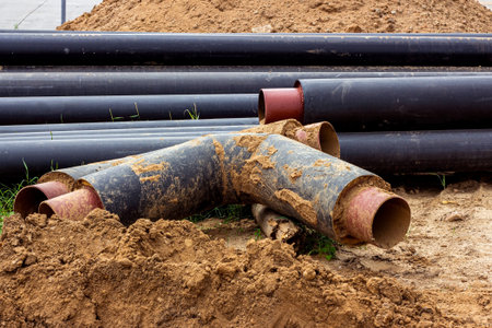 Installation of the distribution unit of heating and water supply network. Frame for connecting...