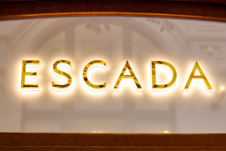 MOSCOW, RUSSIA - AUGUST 10, 2021: Escada retail shop logo singboard on the storefront in the shopping mall.のeditorial素材