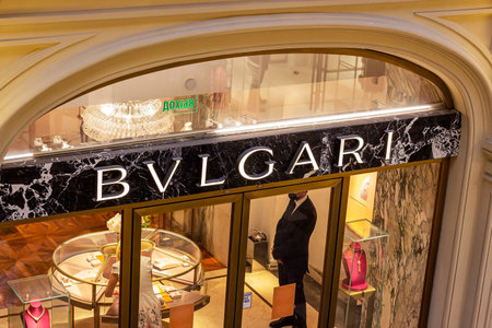 MOSCOW, RUSSIA - AUGUST 10, 2021: Bulgari retail shop logo singboard on the storefront in the shopping mall.のeditorial素材