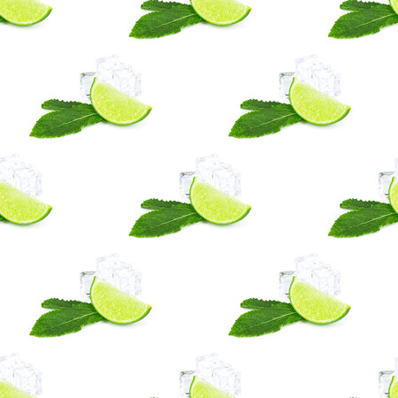 Green limes and lime slices repeat seamless pattern on white background.の写真素材