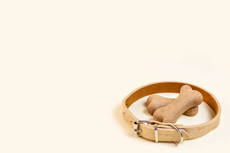 Brown biscuit bones for dogs in a beige collar on light background with copy space. Dog and puppy food, healthy treats.の写真素材