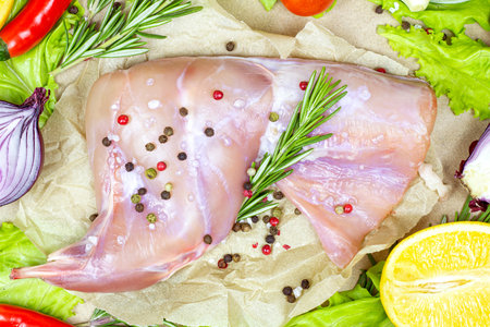 Top view of raw uncooked pink rabbit leg meat with green rosemary and fresh vegetables on light wooden cutting board background.の写真素材