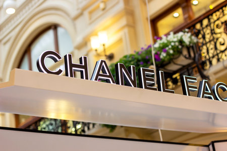 MOSCOW, RUSSIA - AUGUST 10, 2021: Chanel Factory 5 brand retail shop logo signboard on the storefront in the shopping mall.のeditorial素材