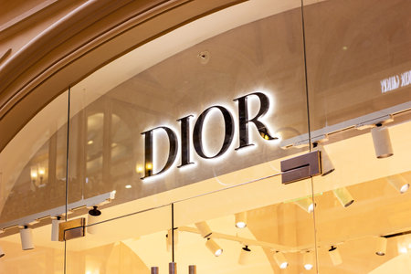 MOSCOW, RUSSIA - AUGUST 10, 2021: Christian Dior Paris brand retail shop logo signboard on the storefront in the shopping mall.のeditorial素材