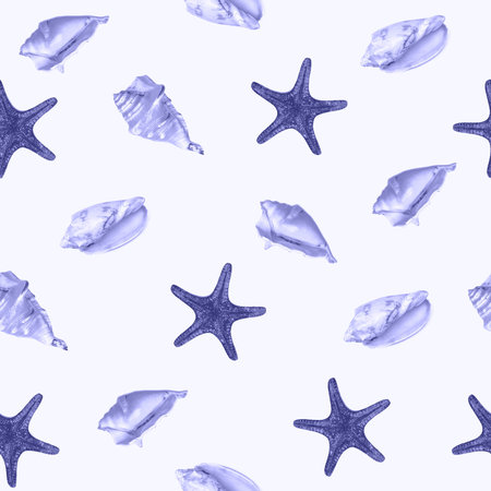 Top view flat lay starfish and seashell seamless pattern on light blue Very Peri background.