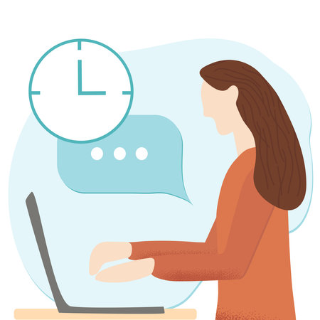Young woman with the laptop sitting and working or studying. Freelance, home office and remote education conceptのイラスト素材