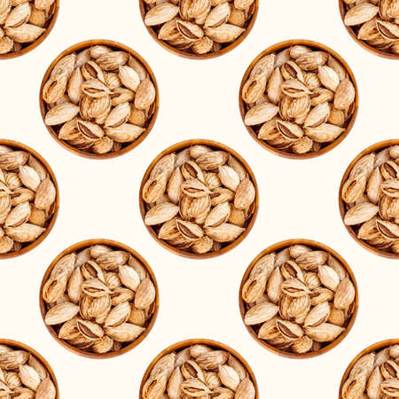 Top view of almond nuts in wooden bowl repeat seamless pattern on light background.の写真素材