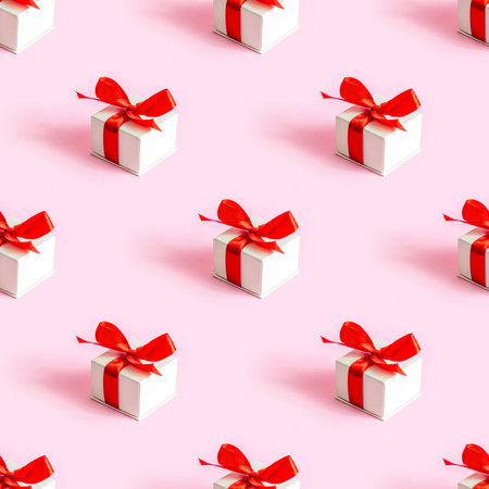 Small white wrapped gift box repeat seamless pattern on light pink background. Valentines day,...
