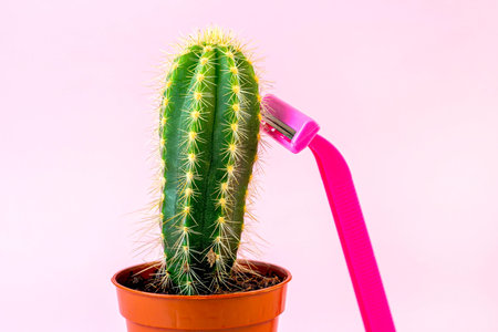 Green prickly cactus with pink disposable woman razor on light pastel background. Hair removing,...