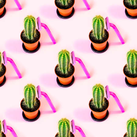 Green prickly cactus with pink disposable woman razor repeat seamless pattern on light pastel background. Hair removing, epilation procedure and shaving wrapping paper concept.の写真素材
