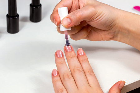 Young Caucasian woman making self manicure at home with the help of shellac gel polish and other...