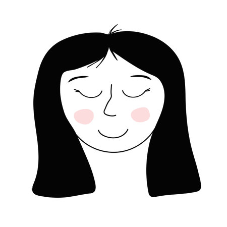 Simple cartoon vector young cute woman face with long hair on white backgroundのイラスト素材