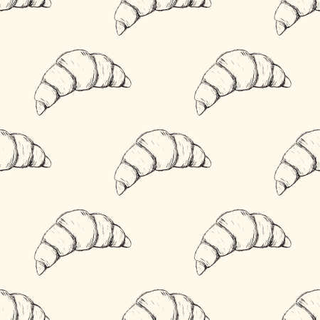 Black and white hand drawn doodle French croissant seamless pattern on light beige background for bakery wrapping paperの写真素材