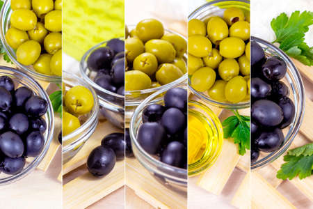Many green and black marinated whole olives in the glass bowls on light wooden board background photos as a food collage.の写真素材