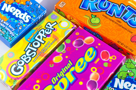 DUSHANBE, TAJIKISTAN - AUGUST 18, 2022: Different kinds of American sweet candies (Gobstopper, Spree, Runts, Nerds) packs.のeditorial素材