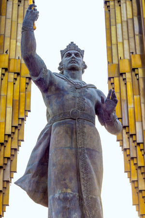 DUSHANBE, TAJIKISTAN - JULY 28, 2022: The bronze statue of Ismail Samani the Samanid amir of...