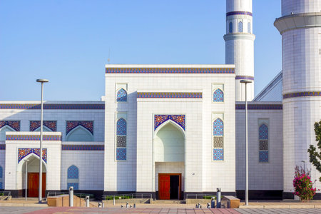 DUSHANBE, TAJIKISTAN - AUGUST 11, 2022: White building of Central Cathedral Mosque of Dushanbe with...