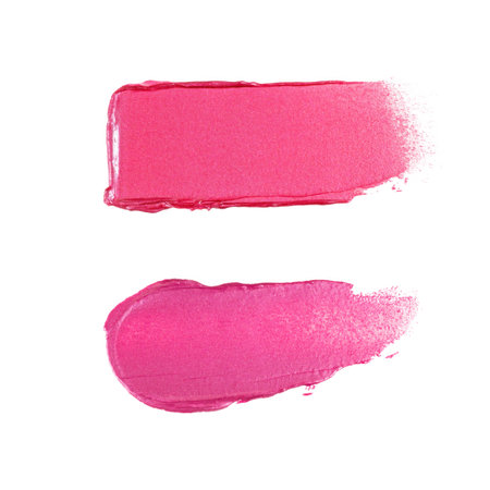Bright pink lipstick or lip gloss with shimmer color swatch smooth smear set. Cosmetics smudge samples for make up product design.の写真素材