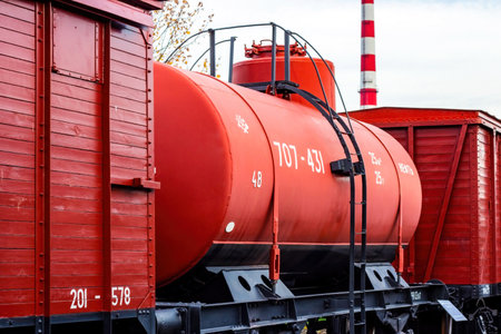 Red retro train cistern wagon for petroleum and oil delivery by railway transport.の写真素材