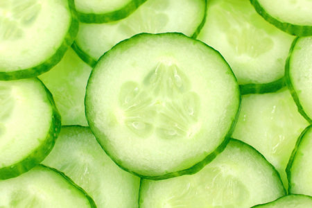 Fresh green cucumber slices close up top view.の写真素材