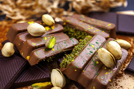 Dubai Chocolate bar with green kadayif and pistachio spread with pistachio nuts close upの写真素材
