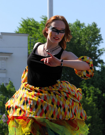 MOSCOW, RUSSIA - MAY 18, 2014: Carnival dancer at Cosplay festival at the All-Russia Exhibition Center in Moscowのeditorial素材