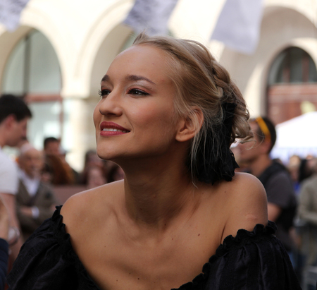 St. PETERSBURG, RUSSIA - JUL 5, 2014: Russian actress Polina Sidikhina posing for photographers before the show dedicated to the birthday of the great Russian writer, Fyodor Dostoevskyのeditorial素材