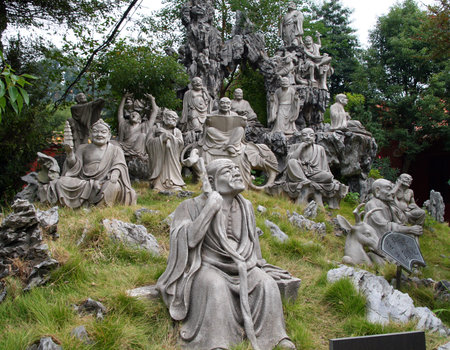HENG SHAN, HUNAN, CHINA - OCT 15, 2009: Monument of 18 (16) Arhats in the garden behind Nanyue Damiao temple (Grand Temple of South Mountain). The eighteen arhats are a popular subject in Buddhist artのeditorial素材