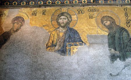 ISTANBUL, TURKEY- JUN 29, 2008: Ancient Deesis Mosaic of Jesus Christ (known as Christ Pantocrator) flanked by the Virgin Mary and John the Baptist in the Hagia Sophia cathedralのeditorial素材