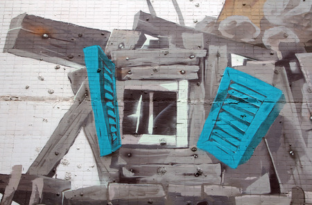 MOSCOW, RUSSIA - OCT 3, 2014: Part of large-scale legal graffiti "Houses and Trees" on the wall of a multistory building by  Russian painter Andrey Adno (Kaliningrad)のeditorial素材