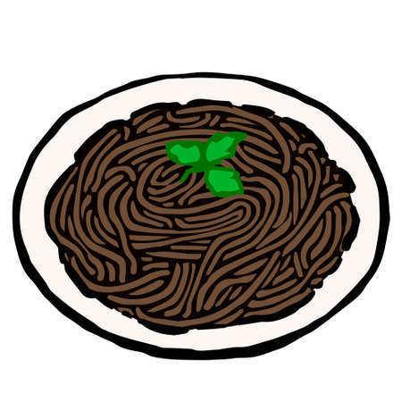Illustration of Spaghetti al Nero di Seppie: Illustration like woodblock printのイラスト素材