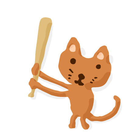 Baseball Batter 04 Cat; Hand drawn vector illustrator like woodblock printのイラスト素材