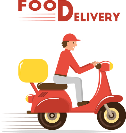 Food delivery concept. Minimal flat vector illustration of courier on scooter or motorbikeのイラスト素材