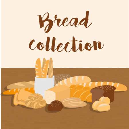 Different kinds of bread set for menu. Collection of pastry items on wooden table for print or web. Pastry shopのイラスト素材