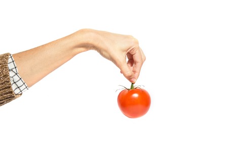 Woman's hand holds tomato isolated on white backgroundの写真素材