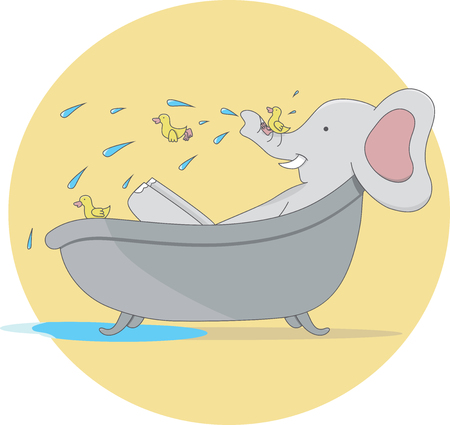 Illustration of Elephant Taking a Bath With Small Ducks.のイラスト素材