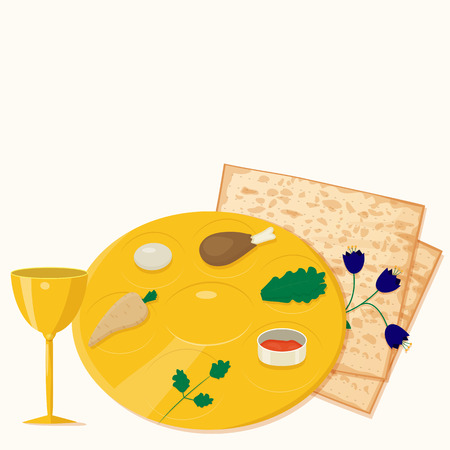 Illustration of passover seder plate with matzoh and wine.のイラスト素材