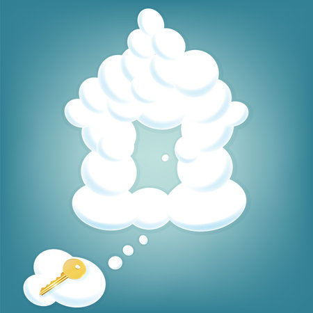 House from clouds in sky with gold key lying on a cloud. Real estate background.のイラスト素材