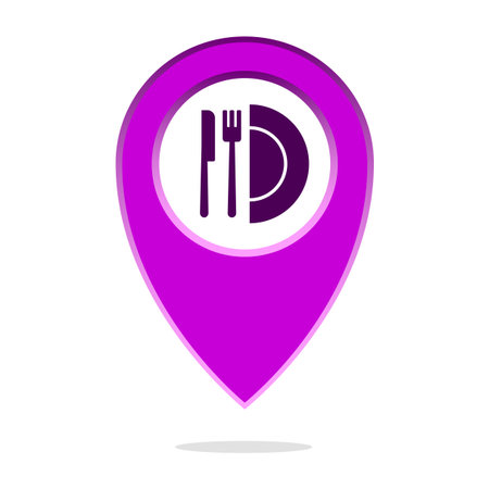Restaurant location pin. Food eating marker. Vector dining symbol. Purple icon. EPS 10.のイラスト素材