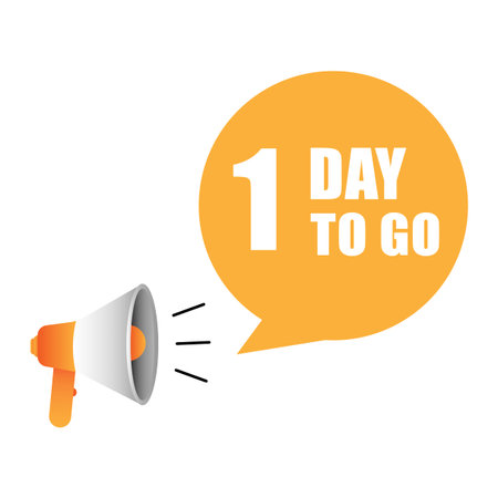 Megaphone countdown illustration. Yellow speech bubble. Number one day text. Vector promotional emblem. EPS 10.のイラスト素材